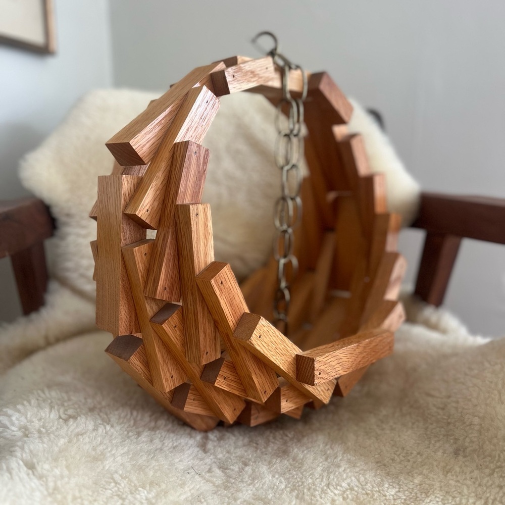 LARGE Vintage MCM Wood Block Planter Hanging Plant Basket Cedar Swag